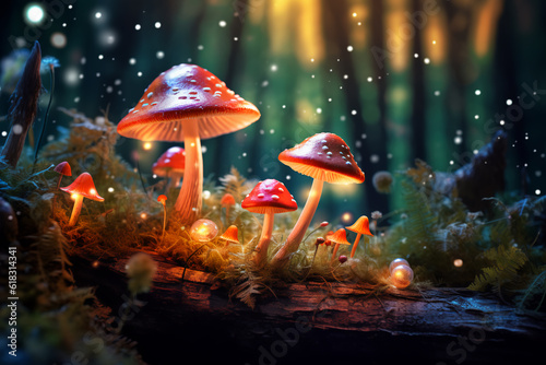 Fantasy enchanted fairy tale forest with magical Mushrooms. Beautiful macro shot of magic mushr