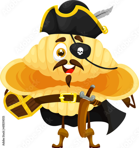 Cartoon Italian pasta pirate character, conchiglie Caribbean captain in tricorn hat, vector kids mascot. Conchiglie pasta corsair with gold treasure chest, eyepatch skull and filibuster pirate sword