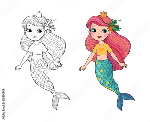 Cute cartoon mermaids. Siren. Sea theme. vector illustration. Beautiful cartoon girl with a fish tail. Illustration for coloring books. Monochrome and colored versions. Vector