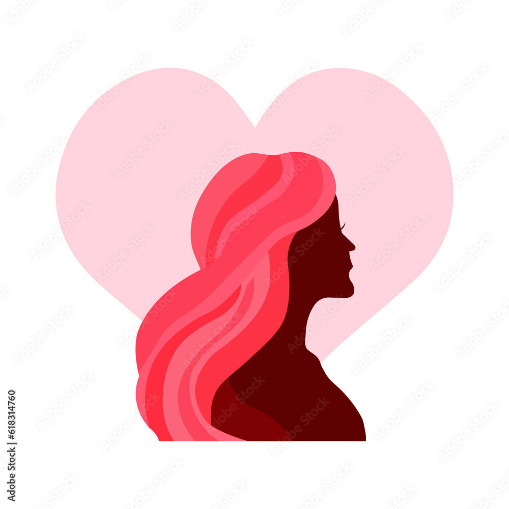 Young woman silhouette and heart. Self care and body positive concept. Vector illustration. Young woman silhouette and heart. Self care and body positive concept. Vector illustration.