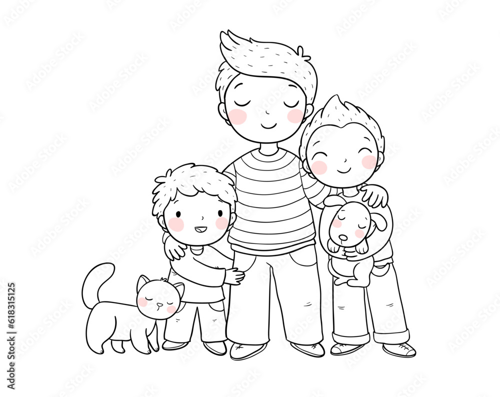 Dad and sons. Three brothers. Three friends and their pets a cat and a dog.Monochrome versions. Dad and sons. Three brothers. Three friends and their pets a cat and a dog.Monochrome versions.
