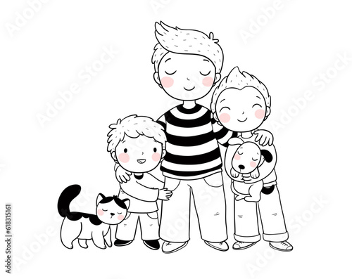 Dad and sons. Three brothers. Three friends and their pets a cat and a dog.Monochrome versions.