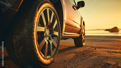 hand inflating tires of vehicle showing side of a car with reflextion of sunset
