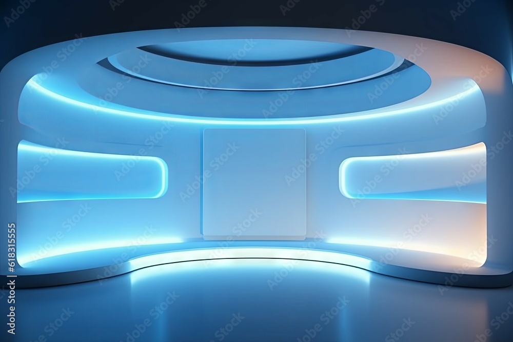 Modern futuristic podium with neon lighting for product presentation. AI generated, human enhanced