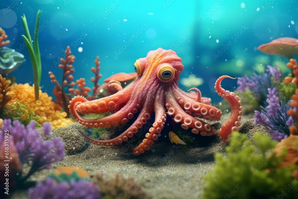 Beautiful octopus at the bottom of the sea. AI generated, human enhanced.