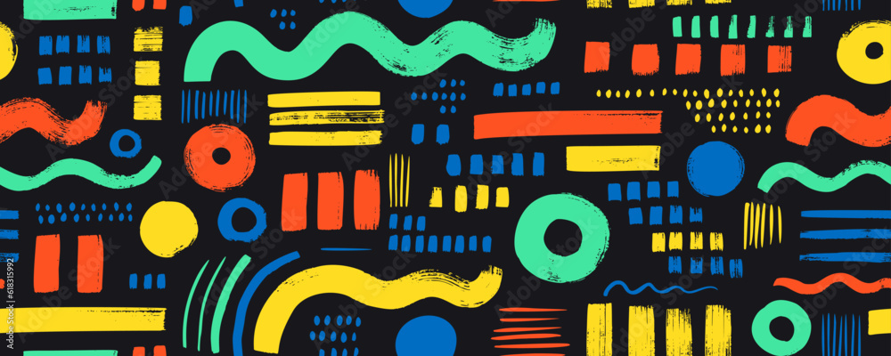 Multi colored abstract Memphis geometric shapes seamless pattern. Brush drawn bold geometric shapes, stripes, wavy lines, circles and dots. Abstract colorful background. Hand drawn futuristic figures.