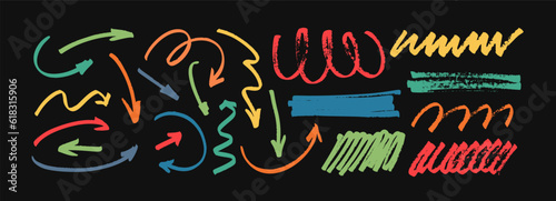 Marker drawn colored arrows, swirls and scribbled shapes. Childish hand drawn doodle dividers, rectangle brush strokes, colorful underline markers collection. Doodle design, vector squiggles and arrow