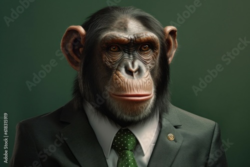 Anthropomorphic chimp dressed in a suit like a businessman. business concept. AI generated, human enhanced © top images