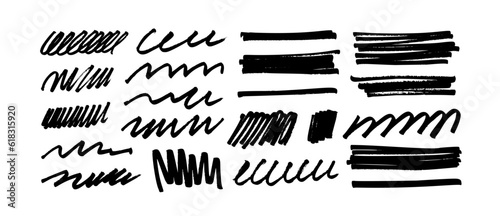 Marker drawn bold strokes, swirls and rectangle shapes. Underline and divider markers collection. Hand drawn vector doodle various shapes, lines, curls. Scribble geometric elements.