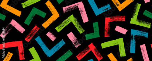 Multi colored triangle seamless pattern on black background. Hand drawn colorful geometric brush strokes. Thick vector lines with scuffs. Brush drawn bold triangle lines. Abstract grunge background.
