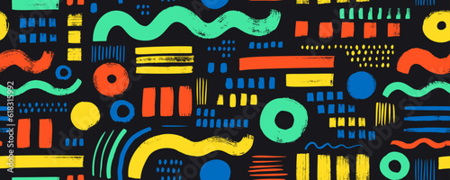 Multi colored abstract Memphis geometric shapes seamless pattern. Brush drawn bold geometric shapes  stripes  wavy lines  circles and dots. Abstract colorful background. Hand drawn futuristic figures.