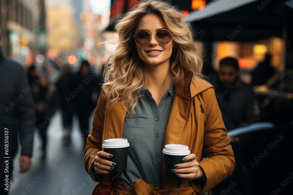 Happy woman with coffee from street cafe, selective focus. AI generated, human enhanced