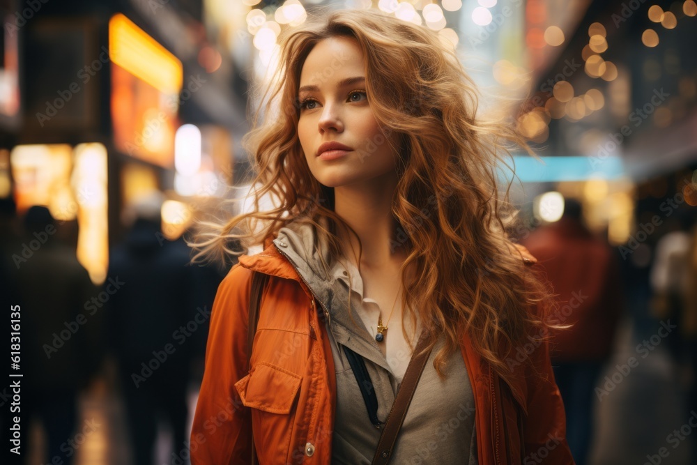 Portrait of a woman on a blurred background of an urban environment. AI generated, human enhanced