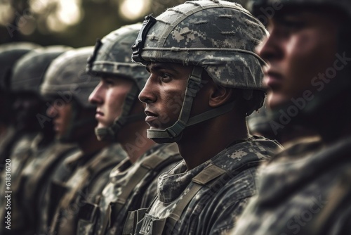 Formation of soldiers going to war or special military operation with selective focus. AI generated, human enhanced