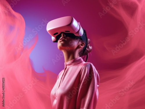 Young woman wearing virtual reality glasses in neon colors. AI generated, human enhanced. © top images