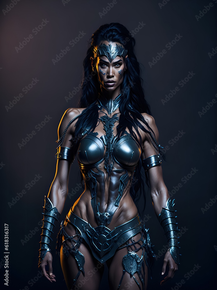 Naklejka premium fantasy amazon female Ranger pathfinder with tribal face paint wearing iron armor, generative AI
