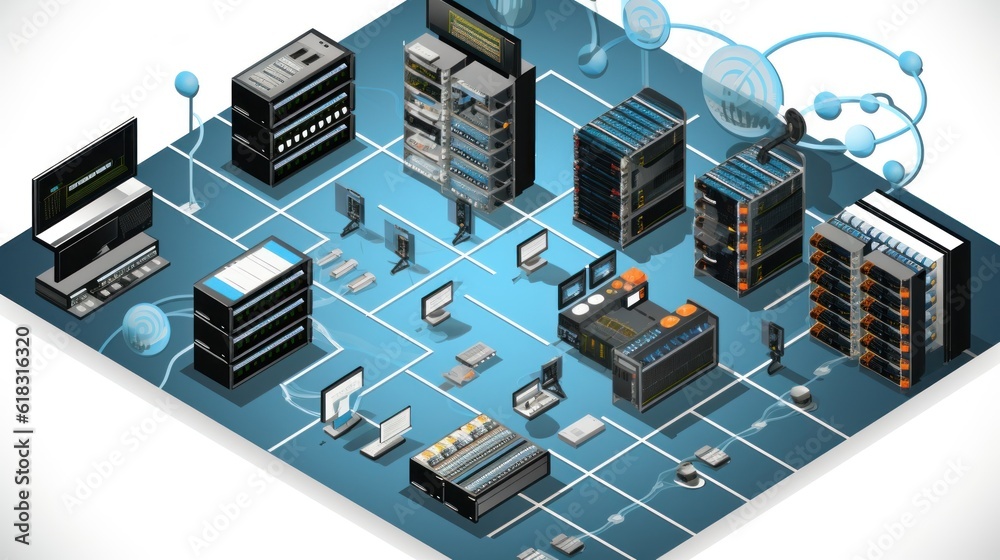 Obraz premium Comprehensive IT infrastructure setup, including servers, switches, routers, and structured cabling systems