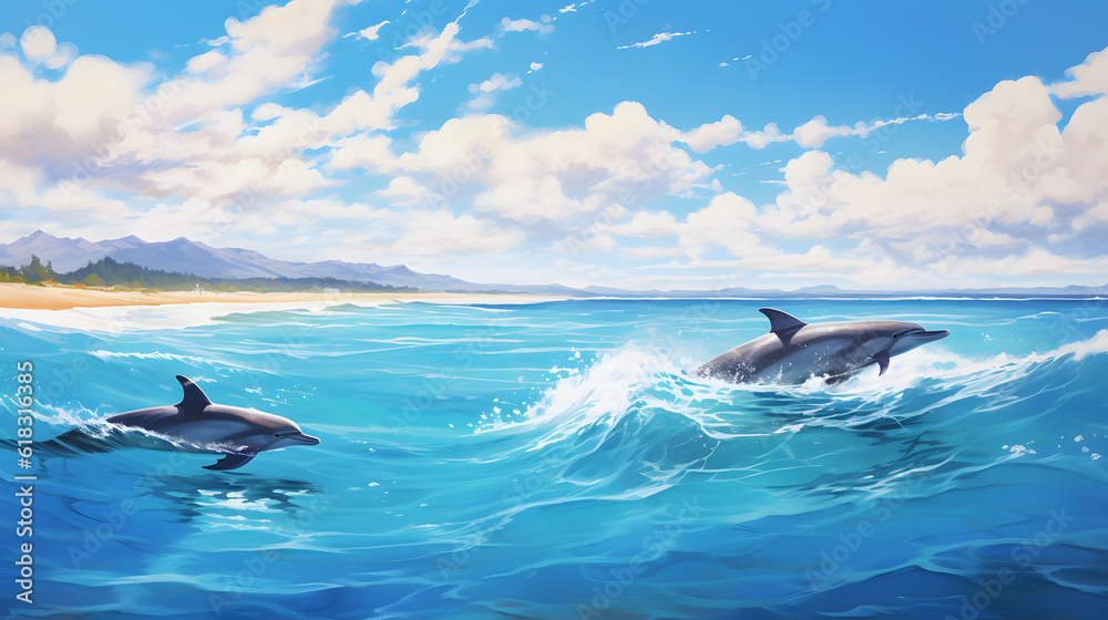 Fototapeta premium Dolphins in Serene Water on the Beach on a Bright Sunny Summer Day