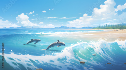 Dolphins in Serene Water on the Beach on a Bright Sunny Summer Day