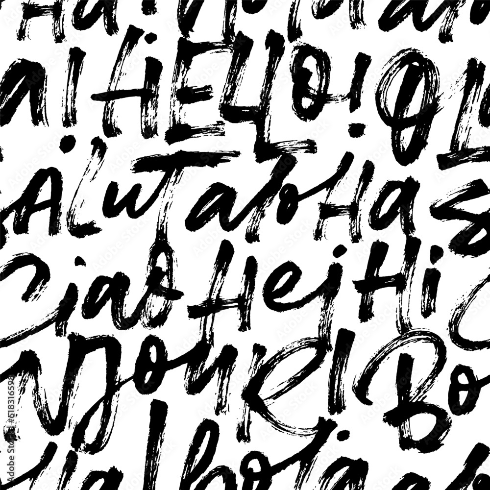 Seamless pattern with words hello in different languages. Brush drawn