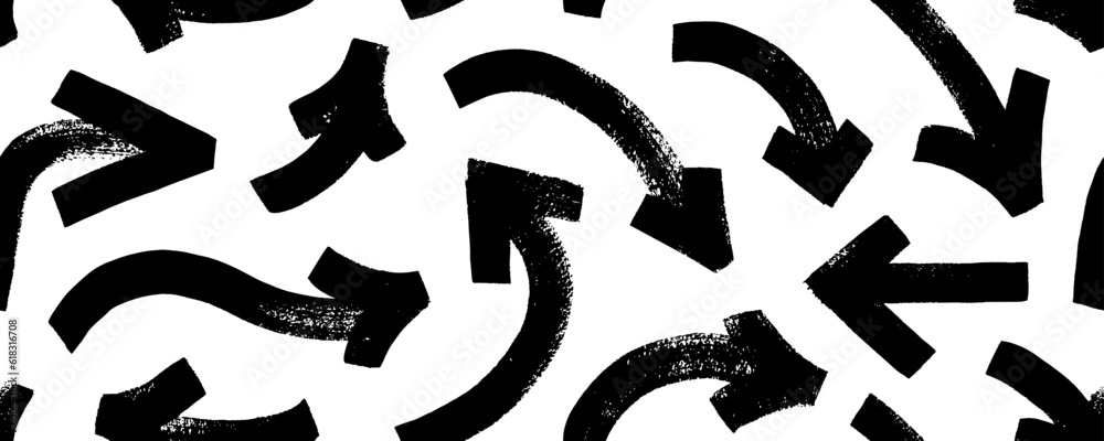 Bold brush drawn curved arrows seamless pattern. Hand drawn vector thick marker arrows. Curved and wavy brush strokes. Seamless banner with vector direction pointers. Bold brush strokes with scratches Bold brush drawn curved arrows seamless pattern. Hand drawn vector thick marker arrows. Curved and wavy brush strokes. Seamless banner with vector direction pointers. Bold brush strokes with scratches