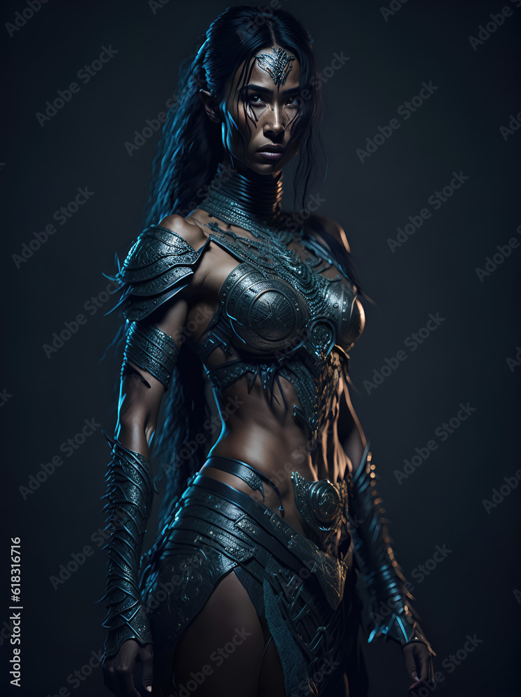 fantasy amazon female Ranger pathfinder with tribal face paint wearing iron armor, generative AI