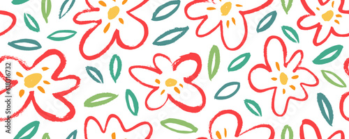 Abstract seamless pattern with cute meadow flowers, daisies and chamomiles. Multi colored brush drawn daisy flowers with naive leaves. Vector seamless banner with children style botanical elements.