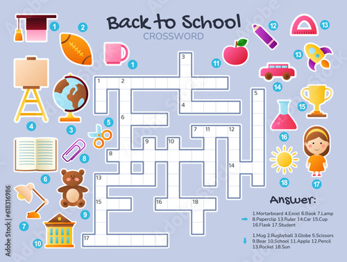 Back to school crossword puzzle for kids. Vector