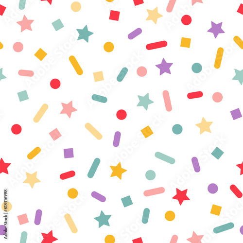 Vector Seamless Pattern with Color Sprinkles. Colorful Carnaval Confetti Texture. Cake, Ice Cream and Donut Topping Illustration. Funny Kid Festival Background