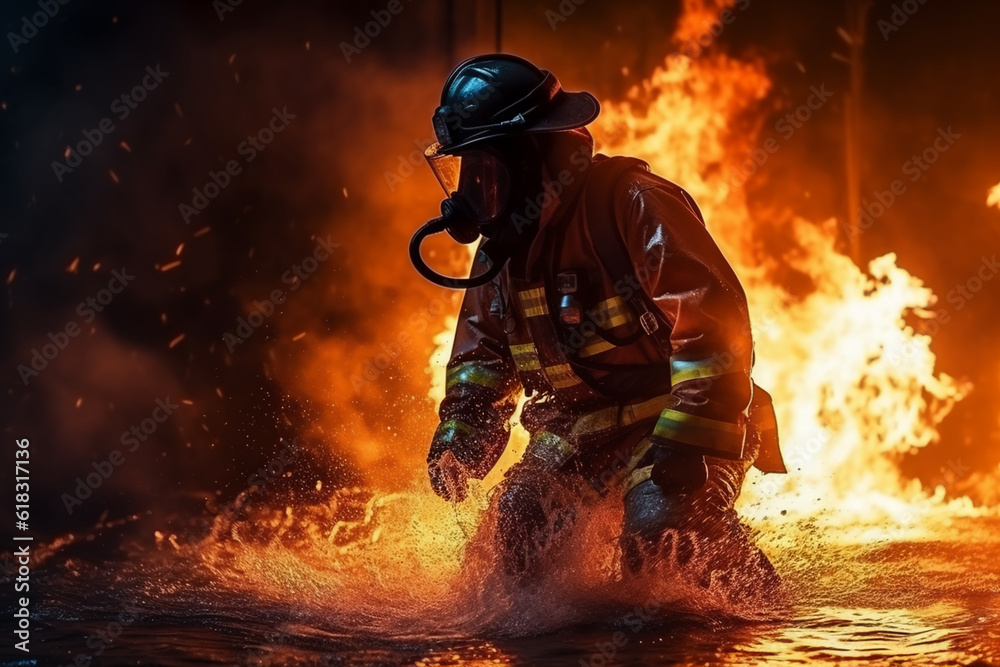 fireman using water and extinguisher to fighting fireman using water and extinguisher to fighting