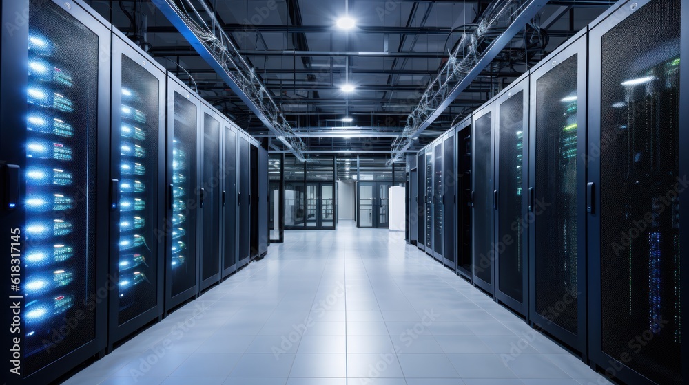 Depict a state of the art data center with rows of server racks, cooling systems, and redundant power supplies Depict a state of the art data center with rows of server racks, cooling systems, and redundant power supplies