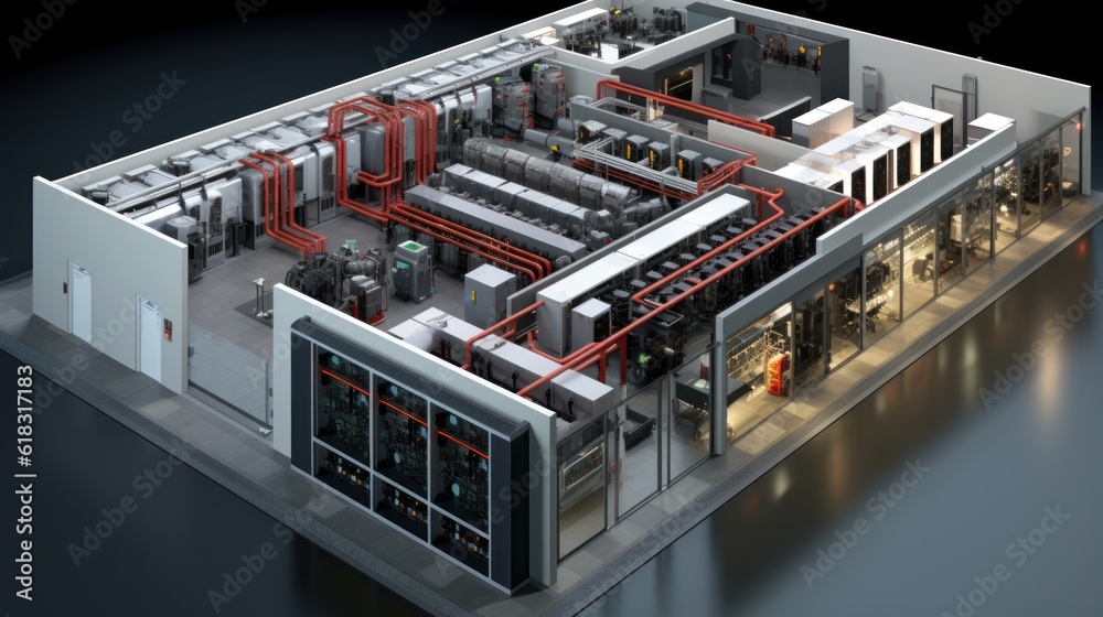 Depict a state of the art data center with rows of server racks, cooling systems, and redundant power supplies