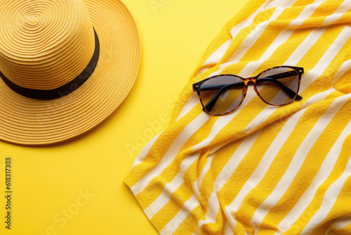 beach accessories on the yellow background, sunglasses, towel, striped hat, summer background, yellow travel background,