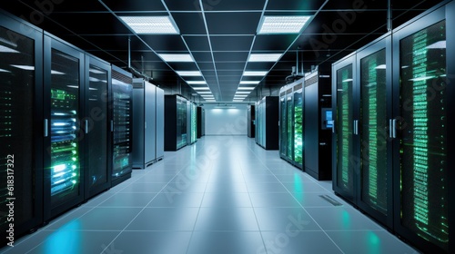 Depict a state of the art data center with rows of server racks  cooling systems  and redundant power supplies