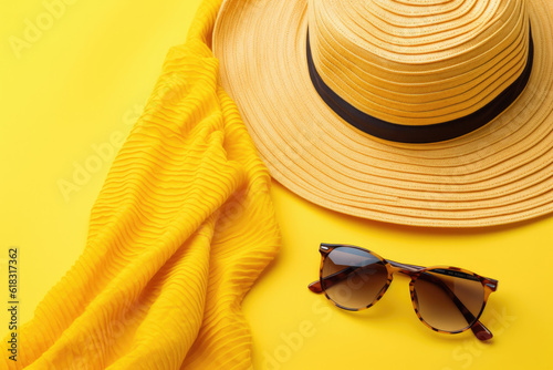 beach accessories on the yellow background, sunglasses, towel, striped hat, summer background, yellow travel background,