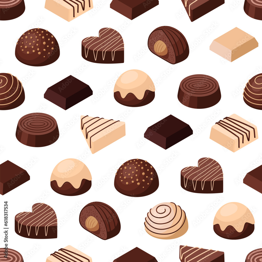 Isometric chocolate candy rows seamless pattern on white background. Isometric chocolate candy rows seamless pattern on white background.