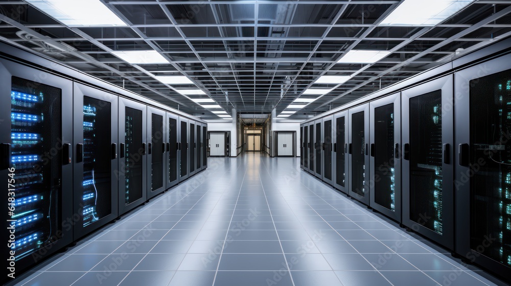 Depict a state of the art data center with rows of server racks, cooling systems, and redundant power supplies Depict a state of the art data center with rows of server racks, cooling systems, and redundant power supplies
