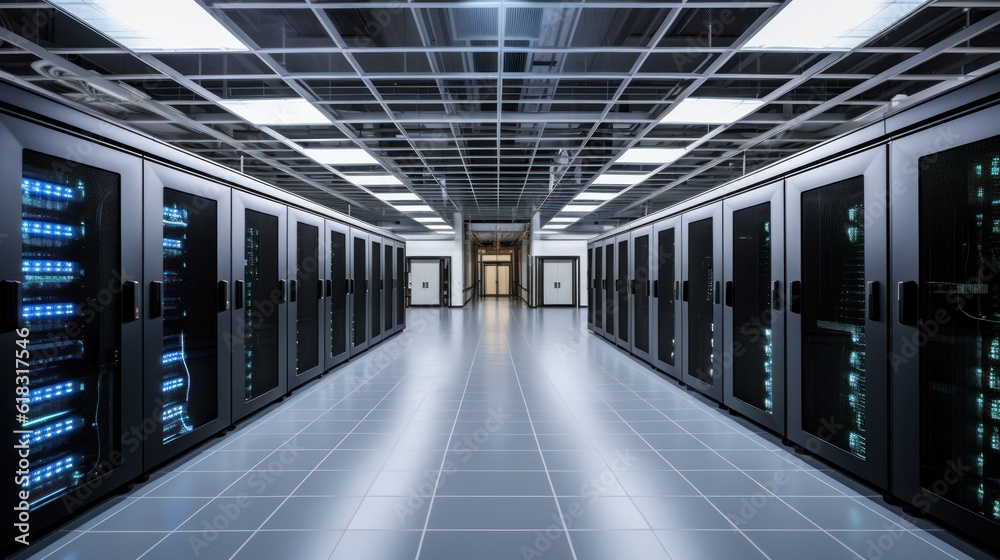 Depict a state of the art data center with rows of server racks, cooling systems, and redundant power supplies