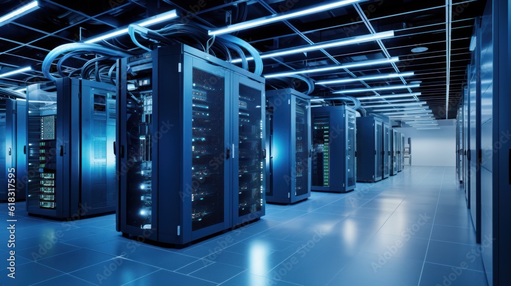 Depict a state of the art data center with rows of server racks, cooling systems, and redundant power supplies Depict a state of the art data center with rows of server racks, cooling systems, and redundant power supplies