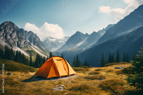 Orange tourist tent in the mountains.