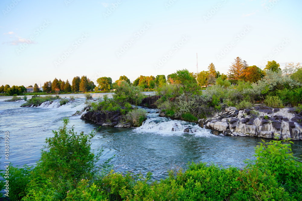 Waterfall on the Snake River in central city Idaho Falls