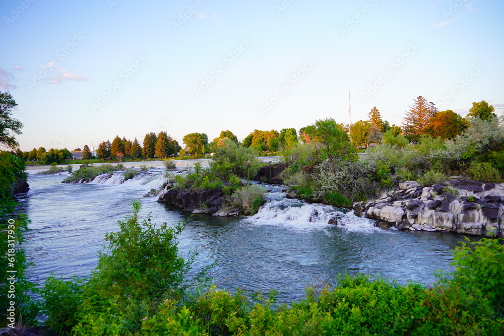Waterfall on the Snake River in central city Idaho Falls