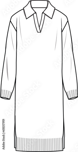 Women's Polo Neck Slouchy Dress - Technical fashion illustration. Front, white. Women's CAD mock-up.