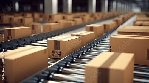 Closeup of multiple cardboard box packages seamlessly moving along a conveyor belt in a warehouse fulfillment center, a snapshot of e-commerce, delivery, automation and products © Adriana