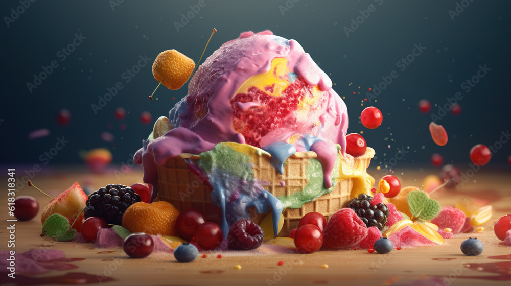 ice cream, product advertising, bright multi-colored colors, created with Generative AI 