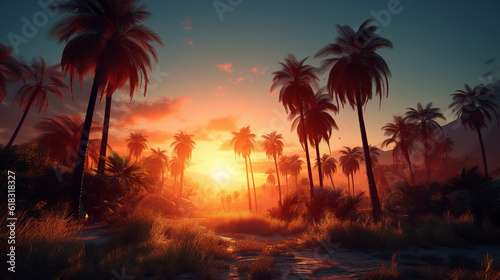 A beautiful beach with coconuts trees at sunset, created with Generative AI 