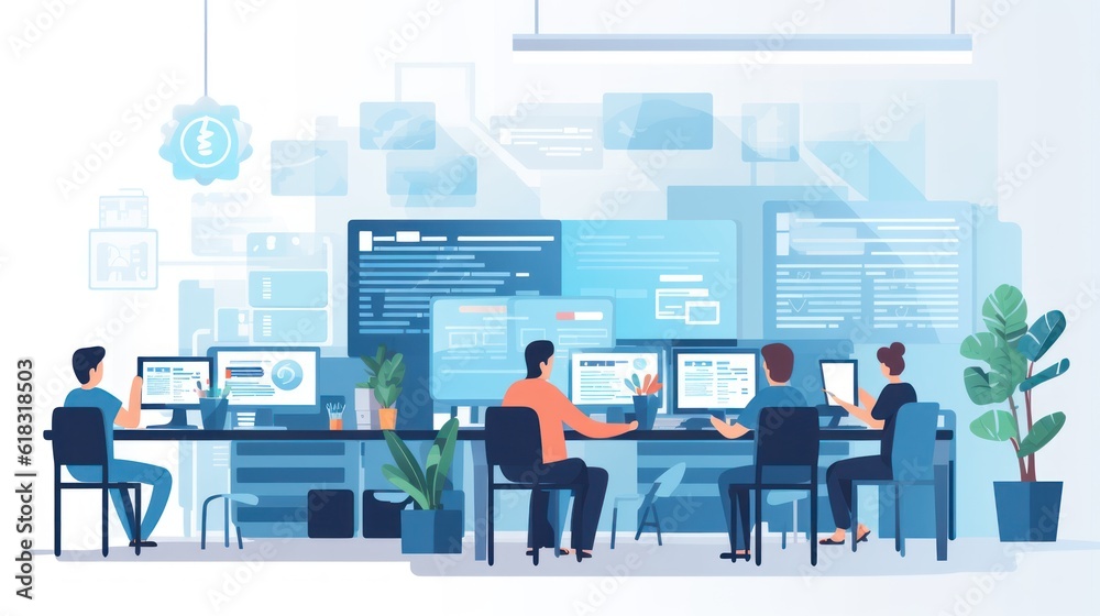 A scene showcasing a team of software developers coding, collaborating, and testing applications in a modern development environment A scene showcasing a team of software developers coding, collaborating, and testing applications in a modern development environment