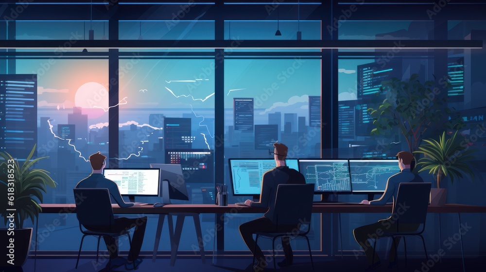 A scene showcasing a team of software developers coding, collaborating, and testing applications in a modern development environment A scene showcasing a team of software developers coding, collaborating, and testing applications in a modern development environment
