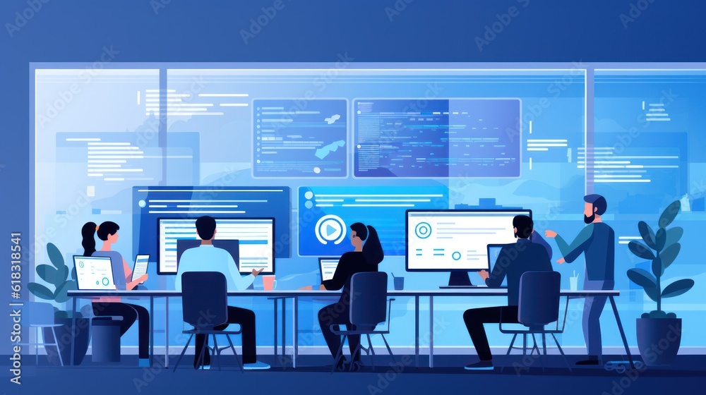 A scene showcasing a team of software developers coding, collaborating, and testing applications in a modern development environment A scene showcasing a team of software developers coding, collaborating, and testing applications in a modern development environment