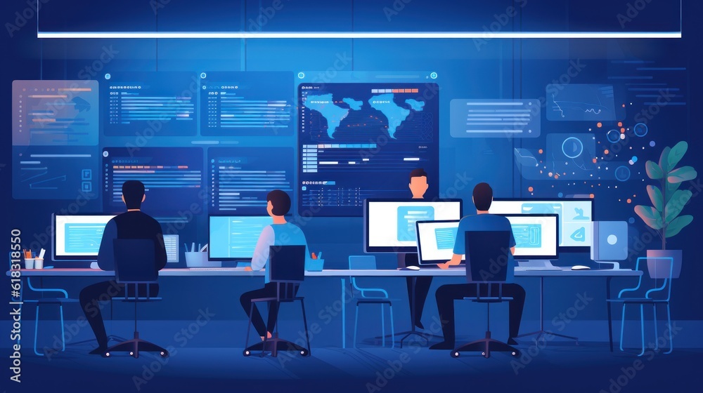 A scene showcasing a team of software developers coding, collaborating, and testing applications in a modern development environment